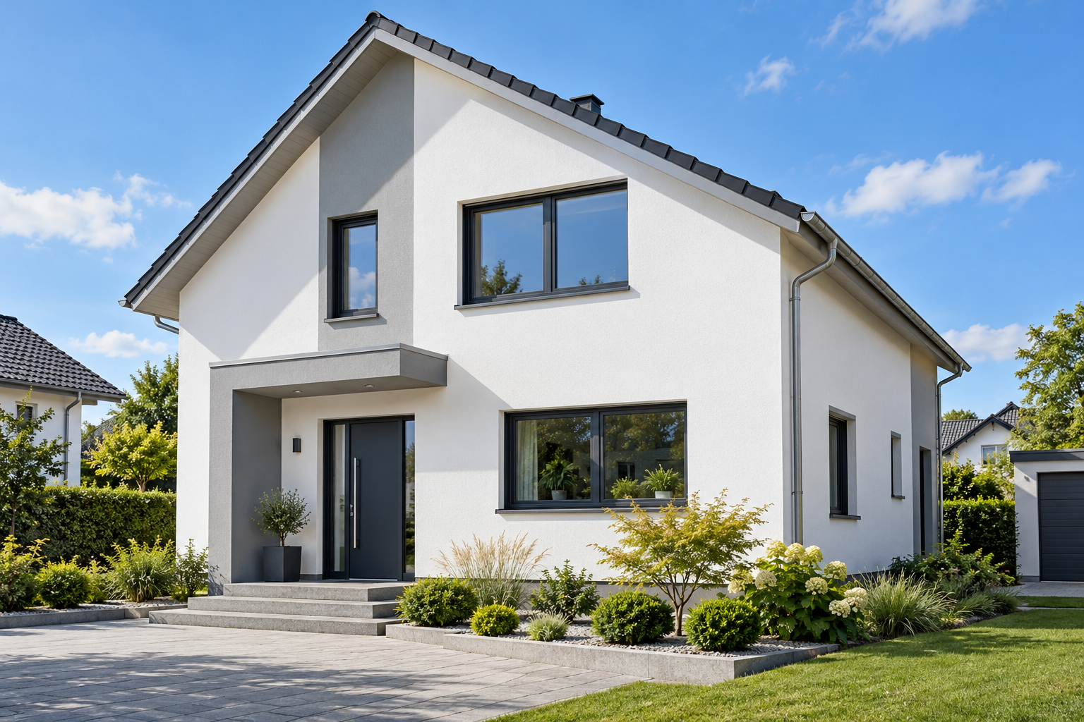 Beispielmotiv eines Hauses mit frisch gestrichener weißer Fassade